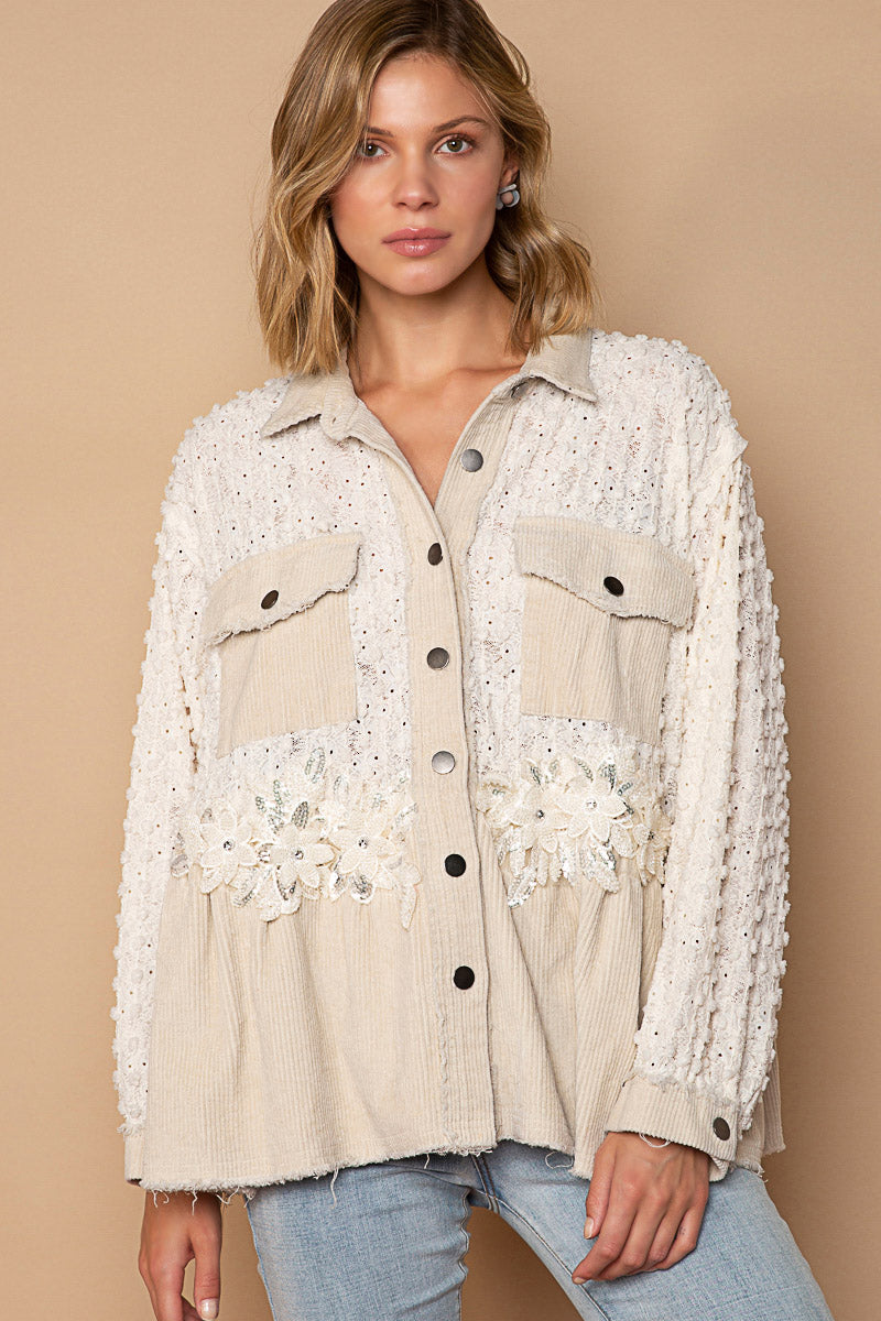 Long Sleeve Collared Floral Trim
