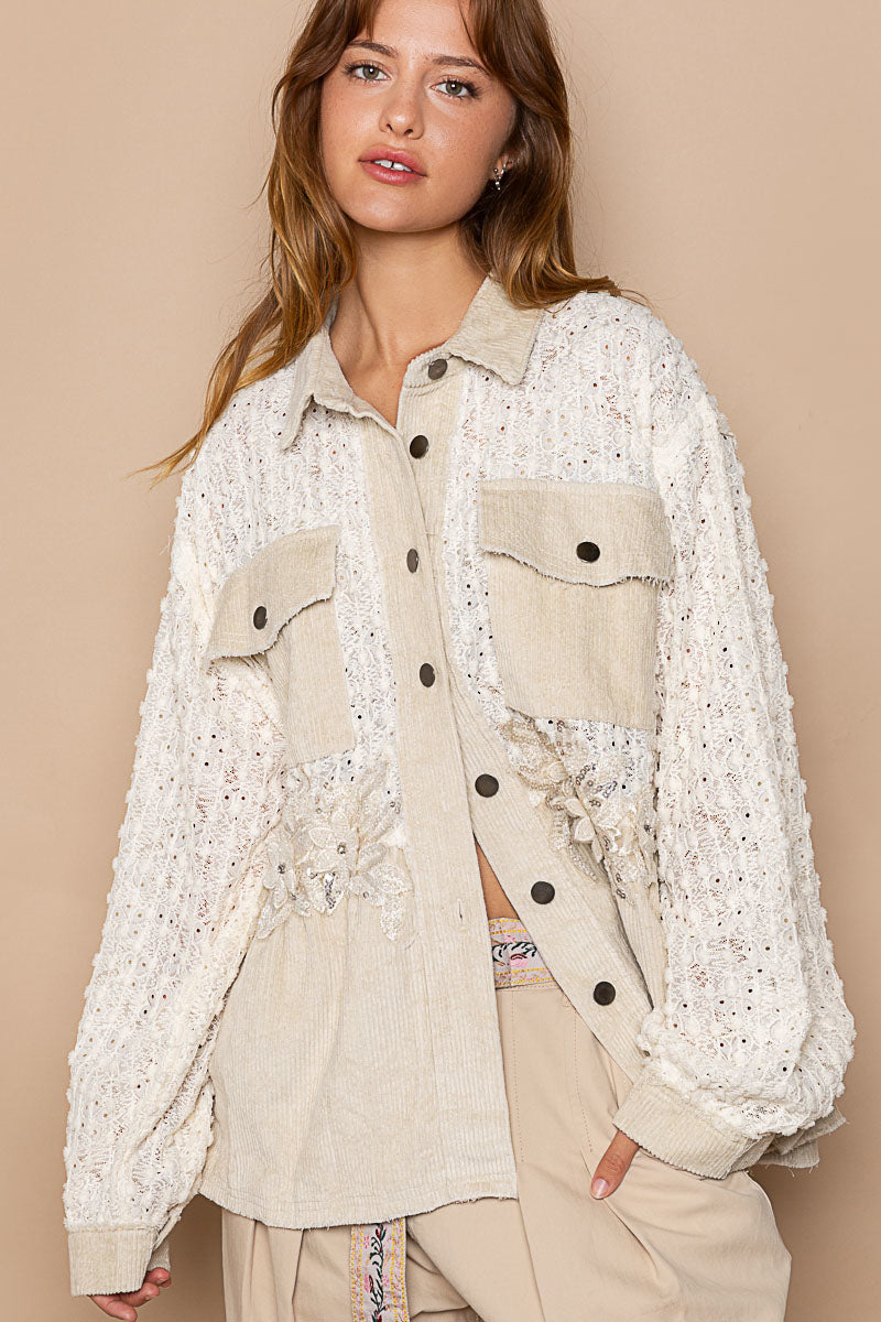 Long Sleeve Collared Floral Trim