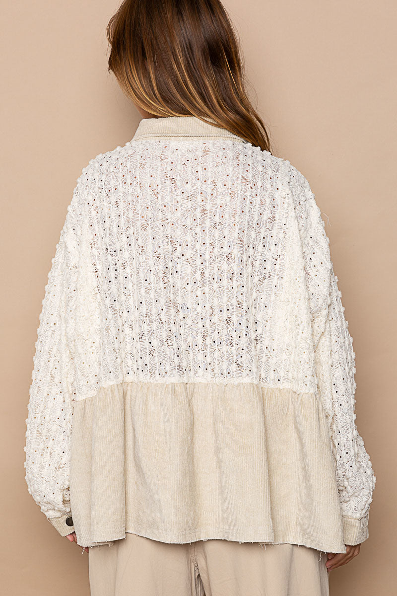 Long Sleeve Collared Floral Trim