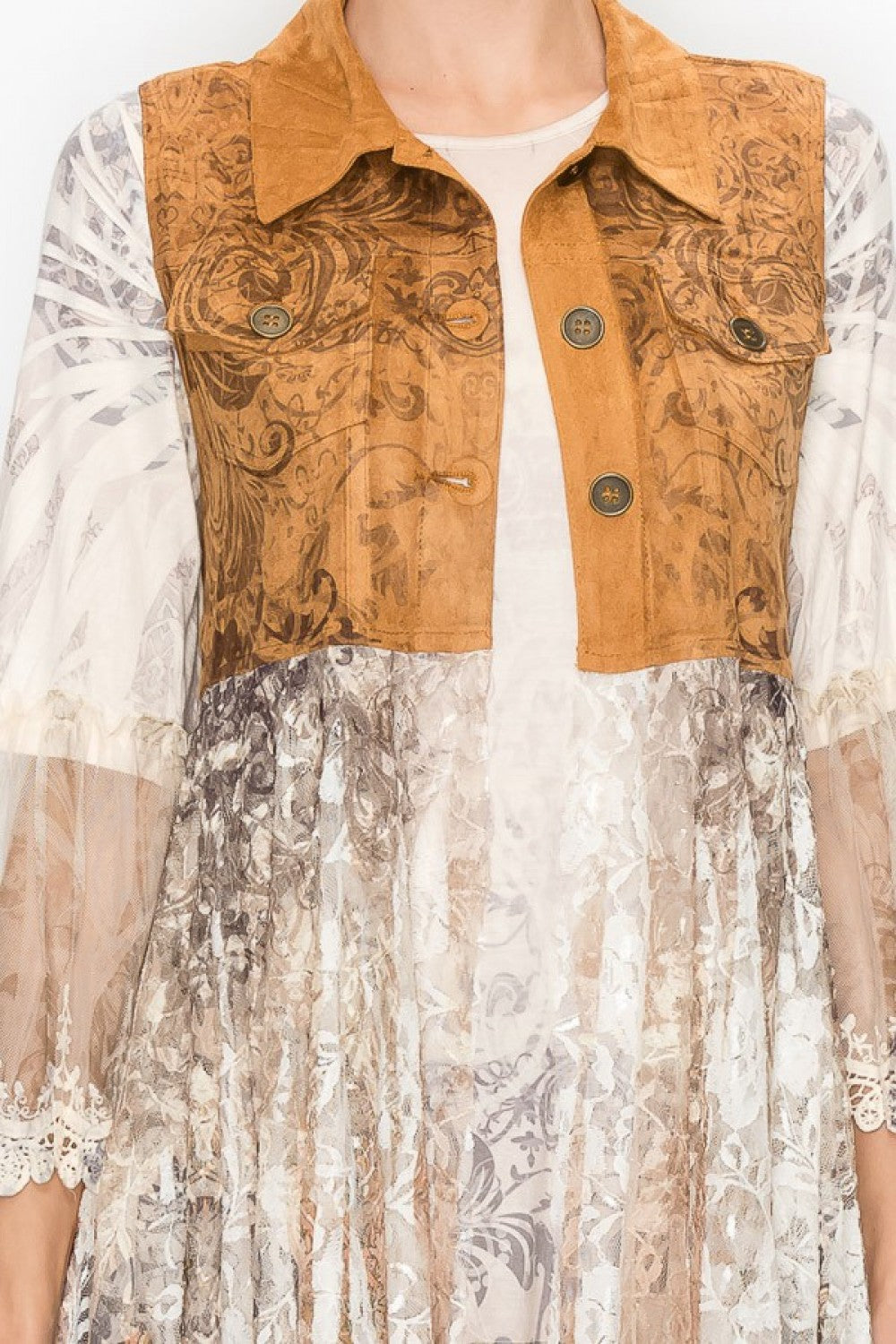 PRINTED FAUX SUEDE VEST WITH LACE LAYER