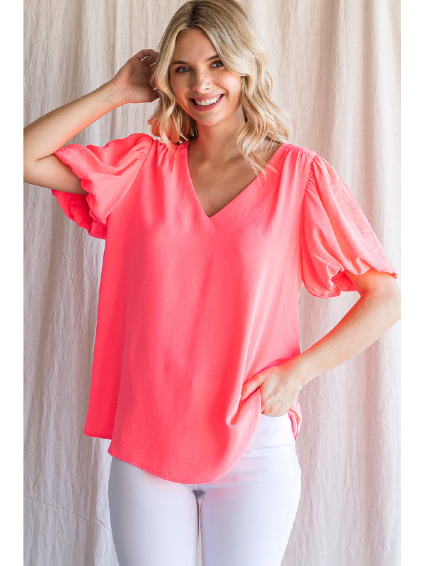 V Neck Solid Top Pink