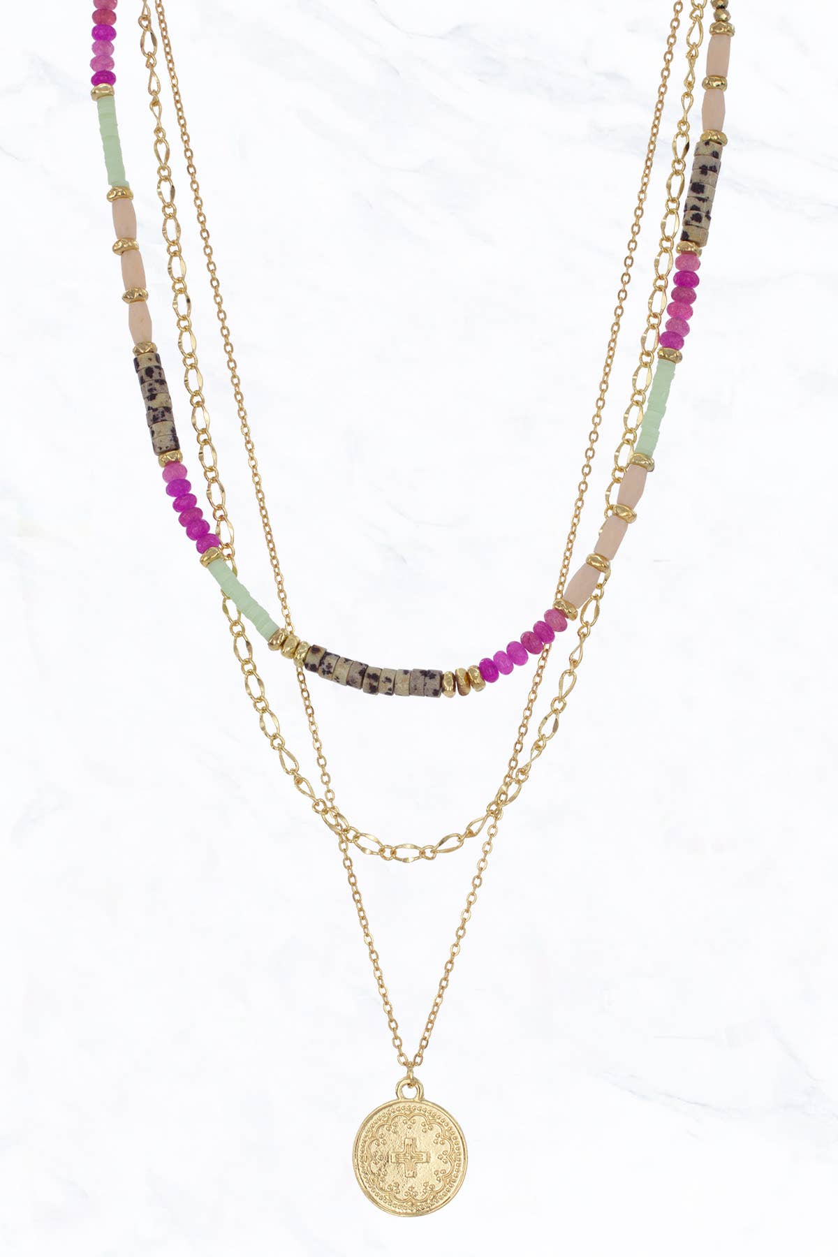 3 Row Beads Charm Chain Necklace