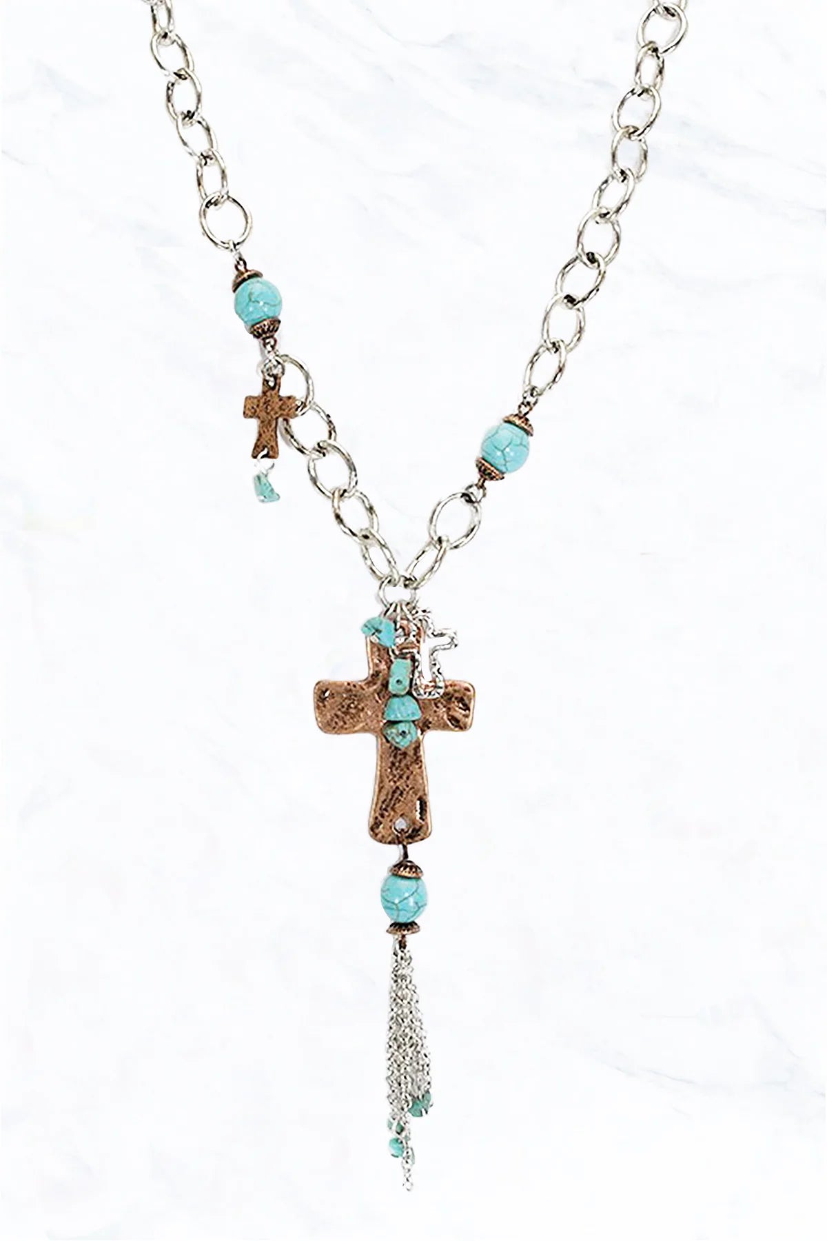 Metal Cross Turquoise Stones and Tassel Necklace