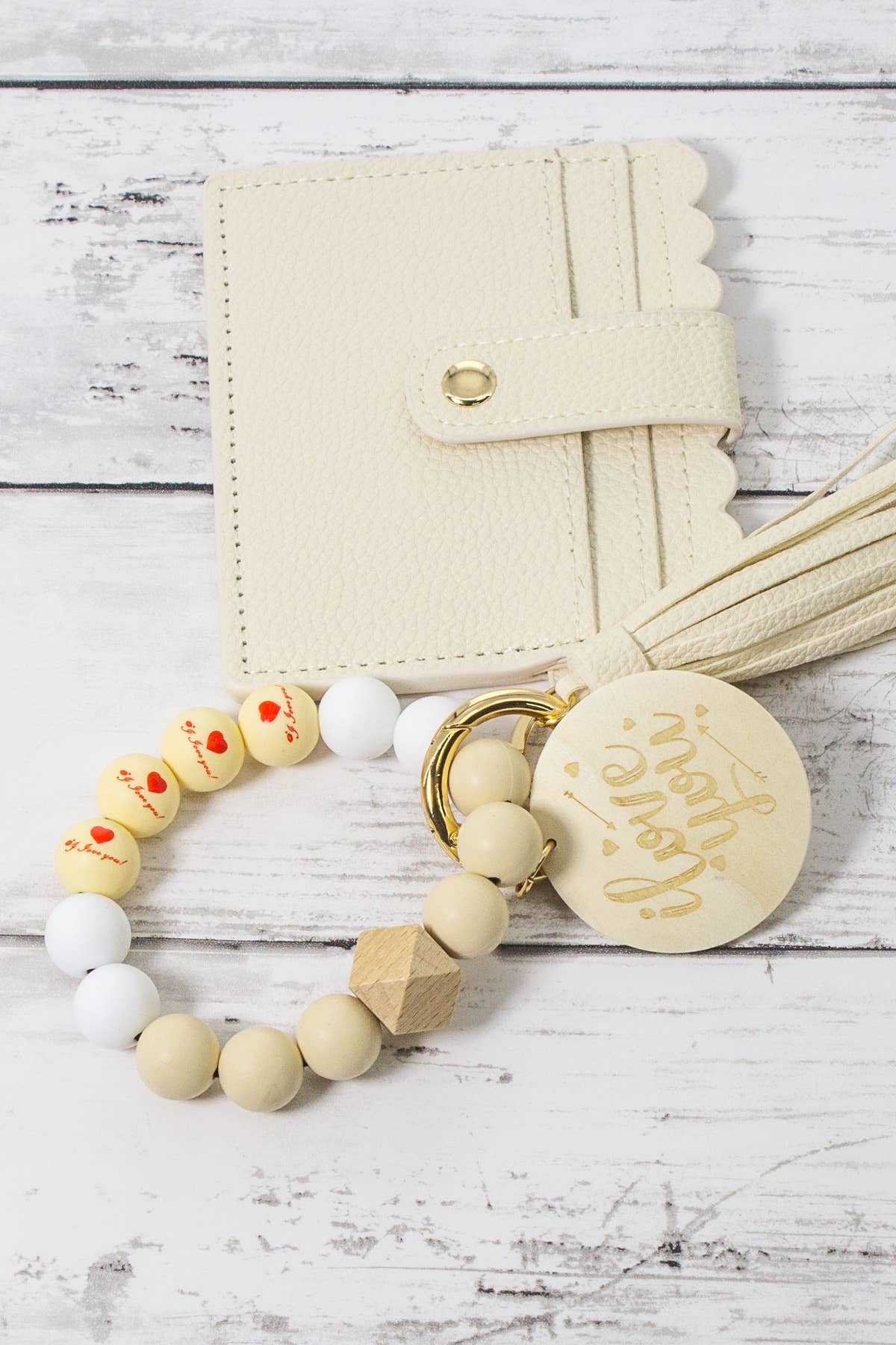 Heart Print Silicone Ball Card Holder Keychain, Wood Circle