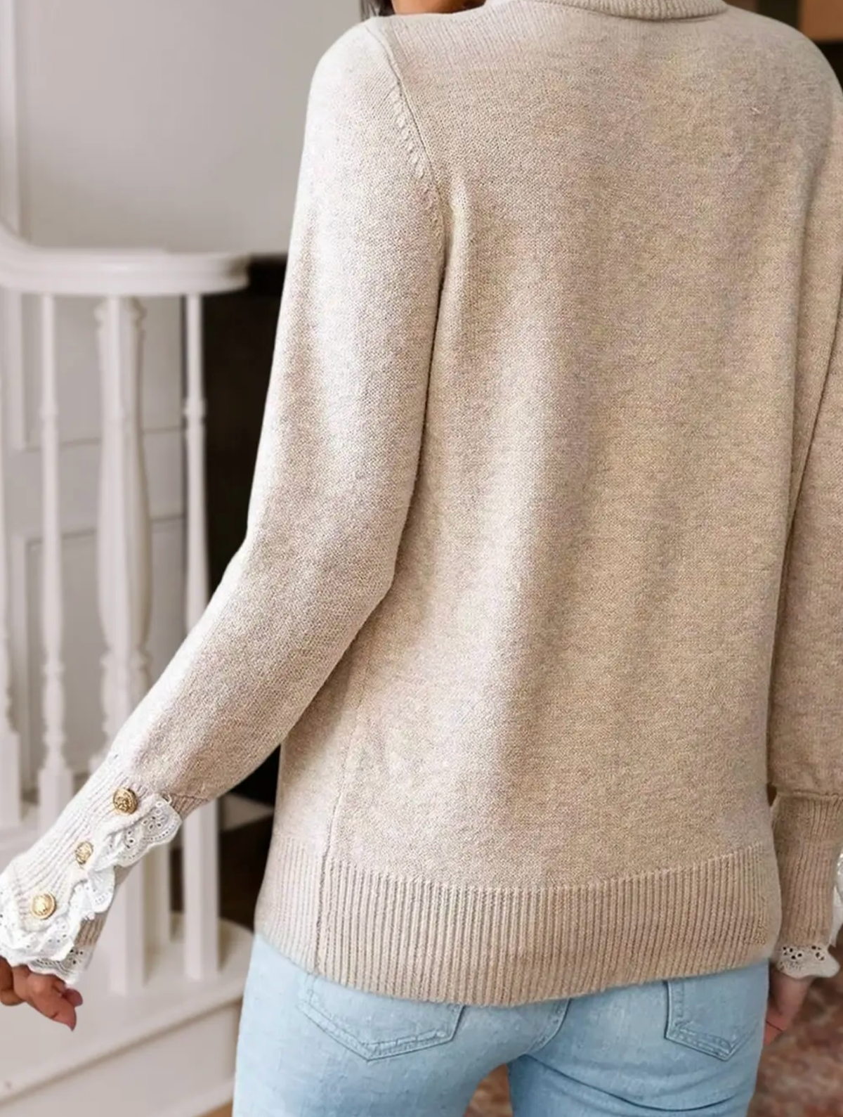 Lace Trim Buttoned Cuffs Sweater