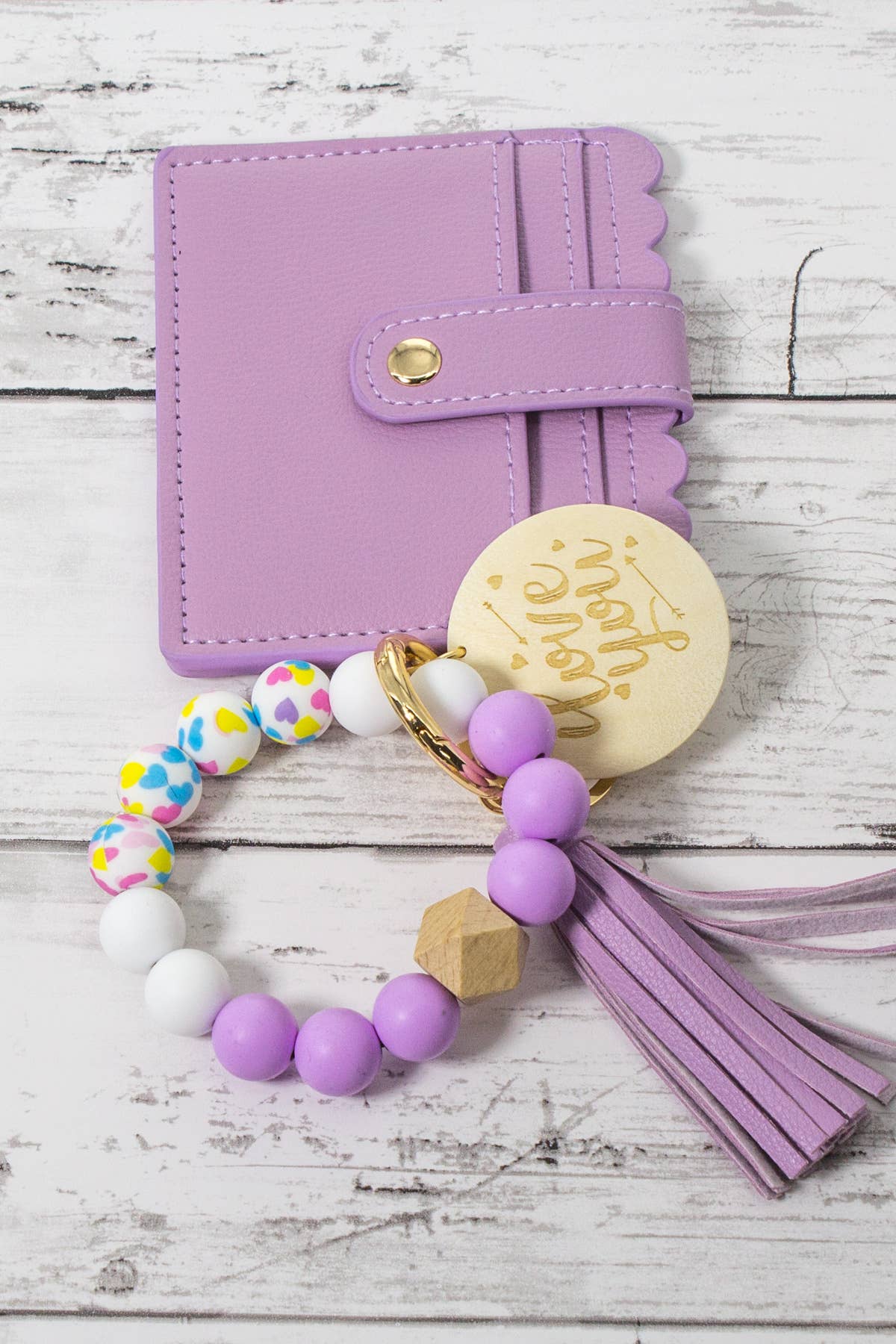 Heart Print Silicone Ball Card Holder Keychain, Wood Circle