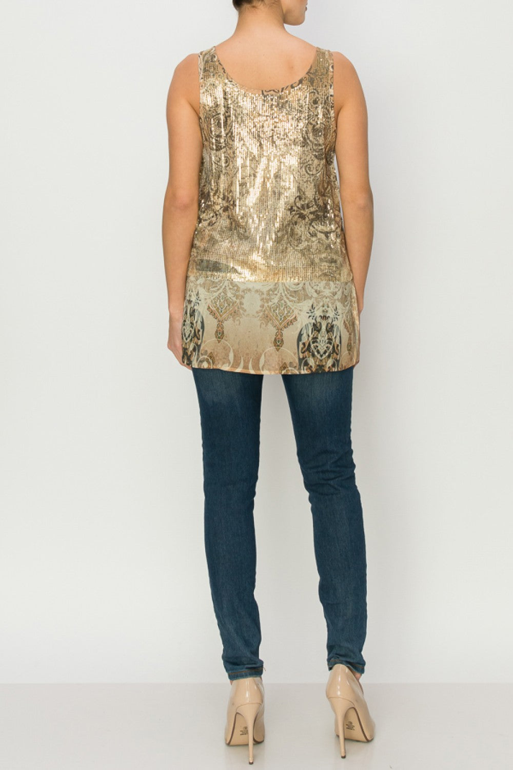 PRINT SEQUIN TANK TOP WITH CHIFFON LAYER