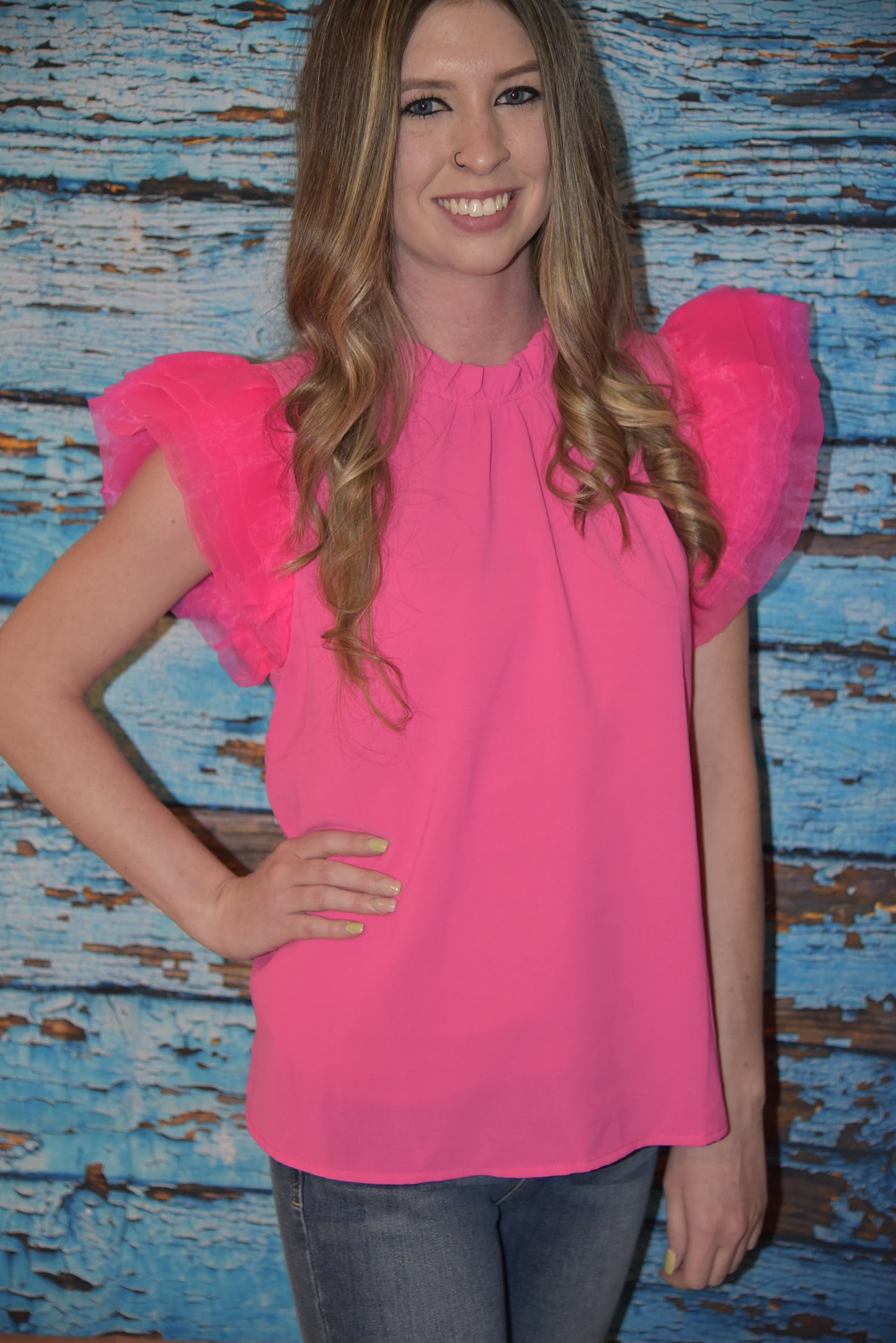 Hot Pink Ruffle Neck Top