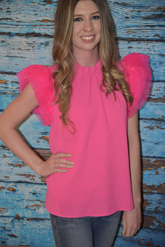 Hot Pink Ruffle Neck Top