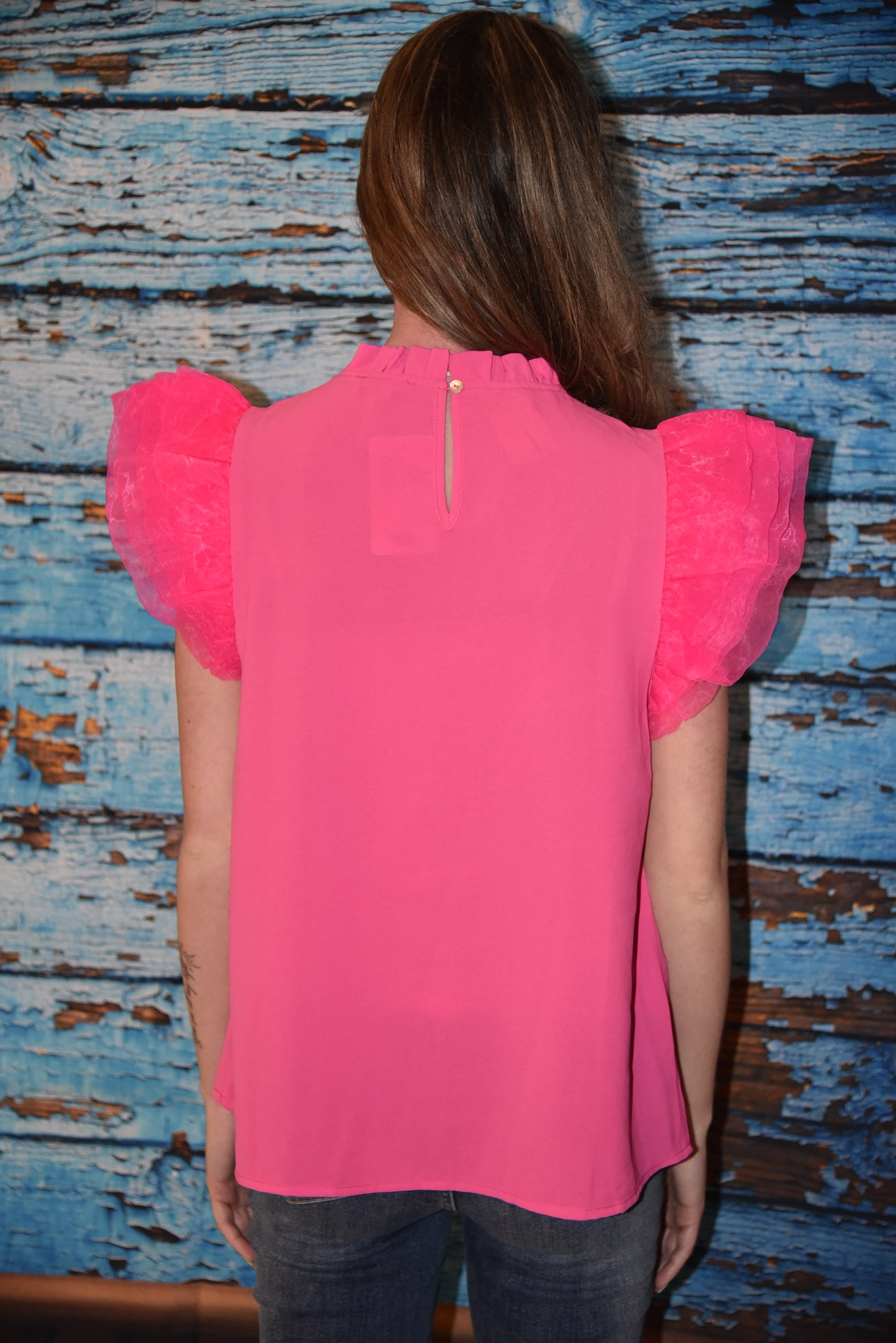 Hot Pink Ruffle Neck Top