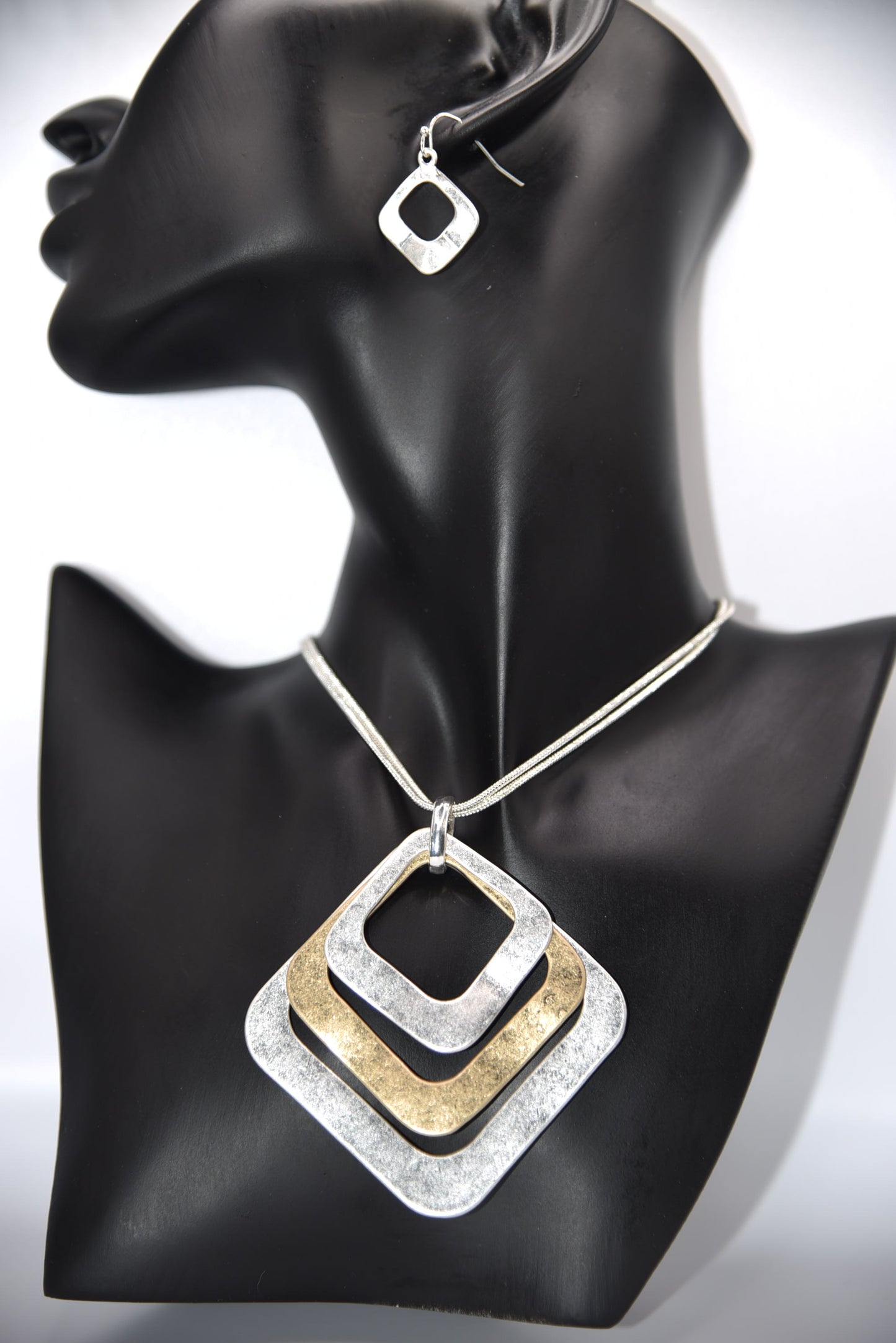 3pcs Cut-Out Square Two Tone Pendant 2 Strand Necklace