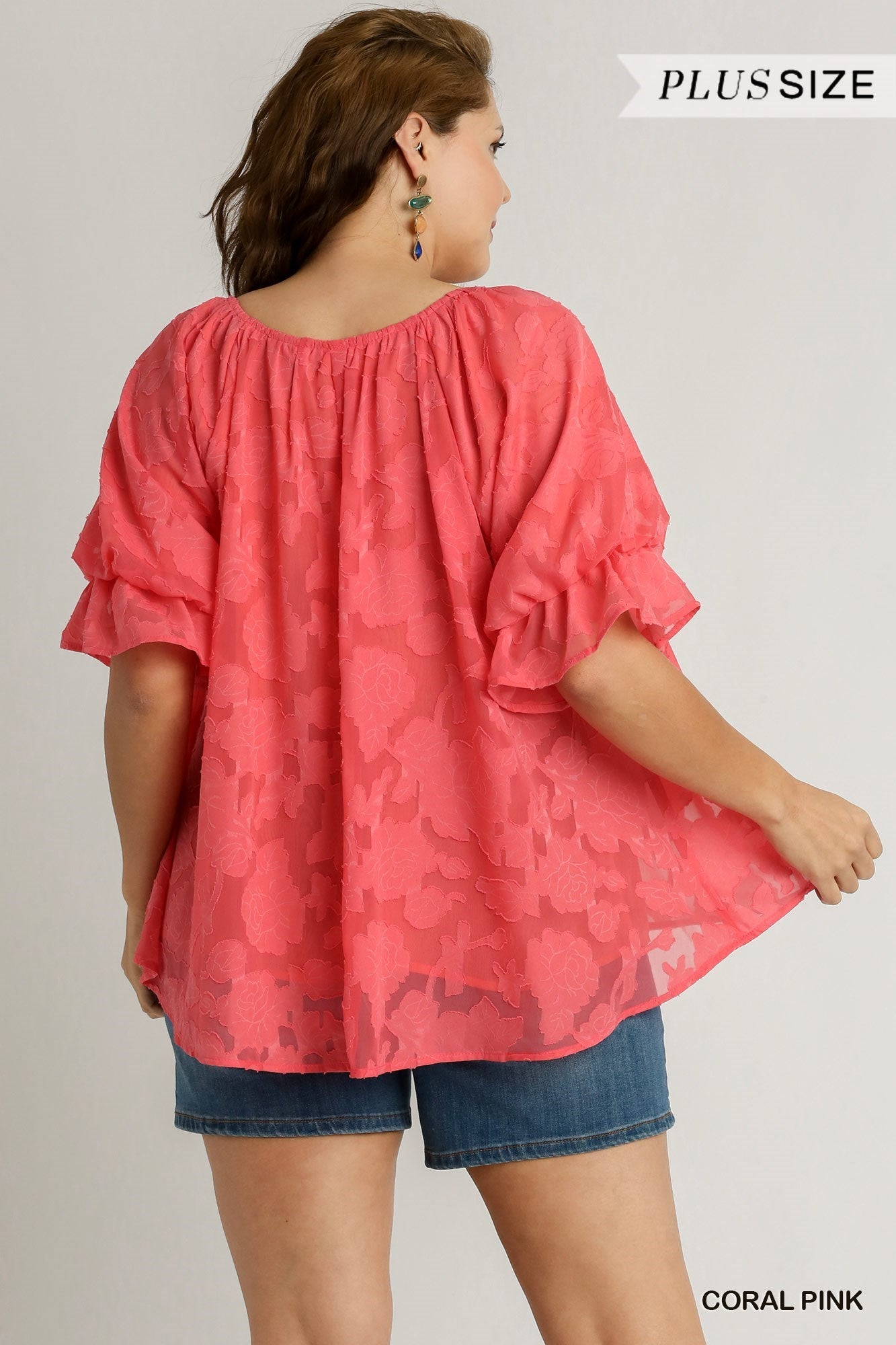 Jacquard Lace Round Neck Pleated Detail Bubble Sleeve Top