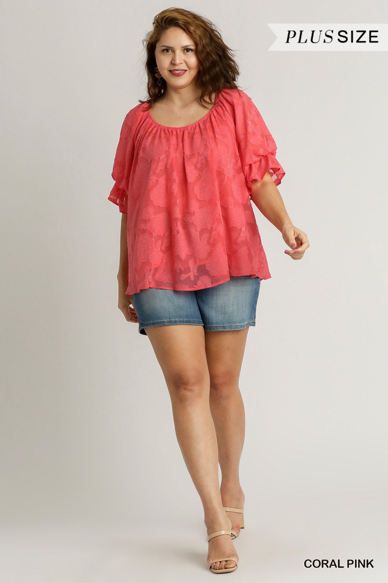 Jacquard Lace Round Neck Pleated Detail Bubble Sleeve Top