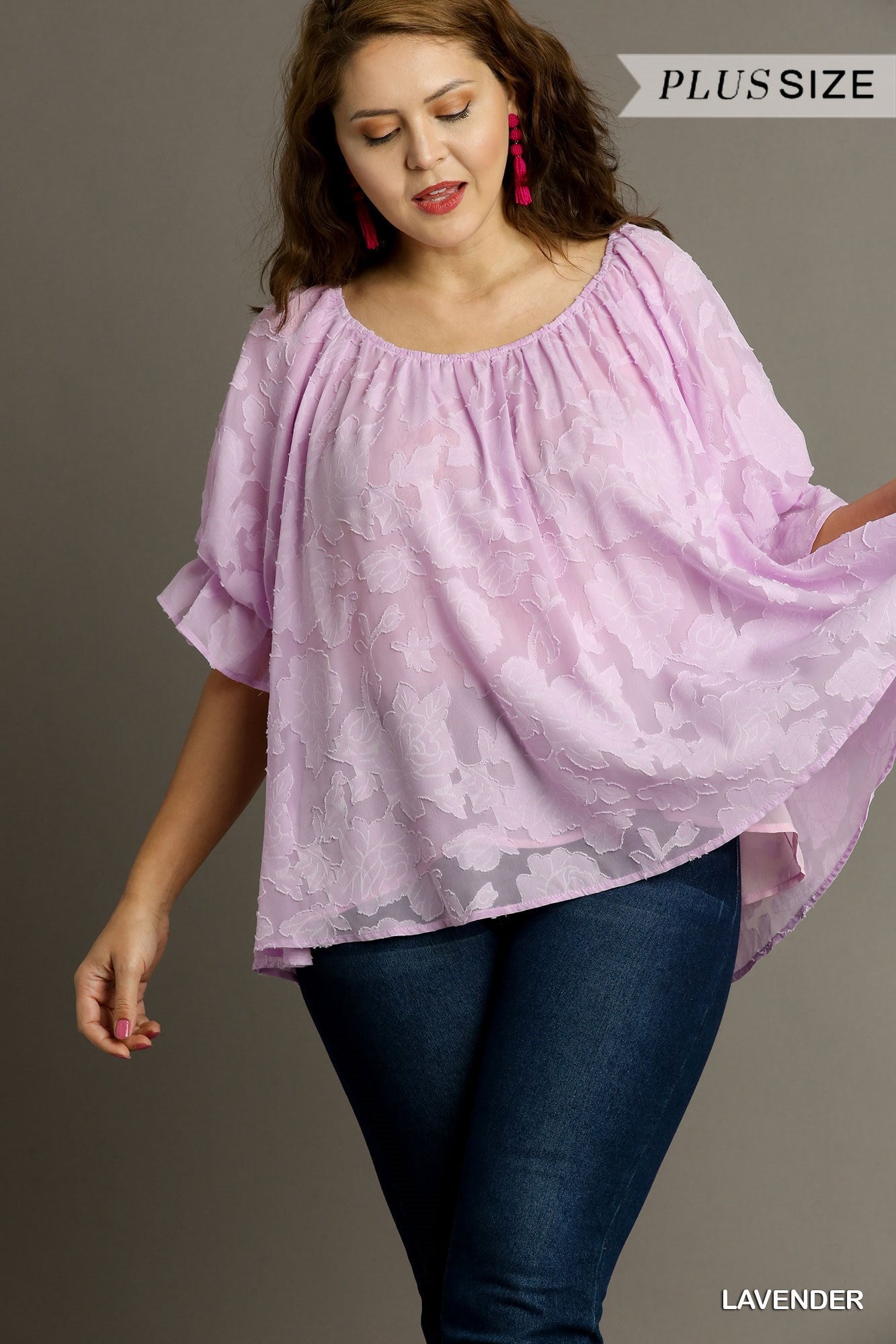 Jacquard Lace Round Neck Pleated Detail Bubble Sleeve Top