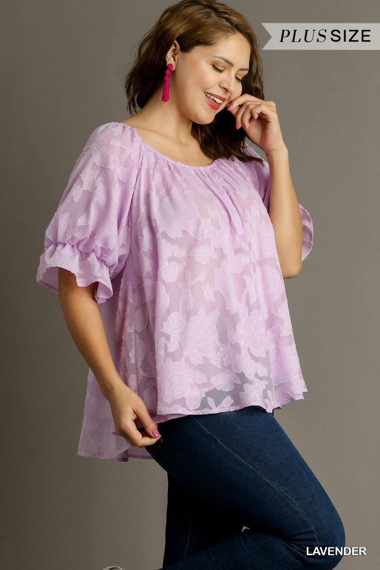 Jacquard Lace Round Neck Pleated Detail Bubble Sleeve Top