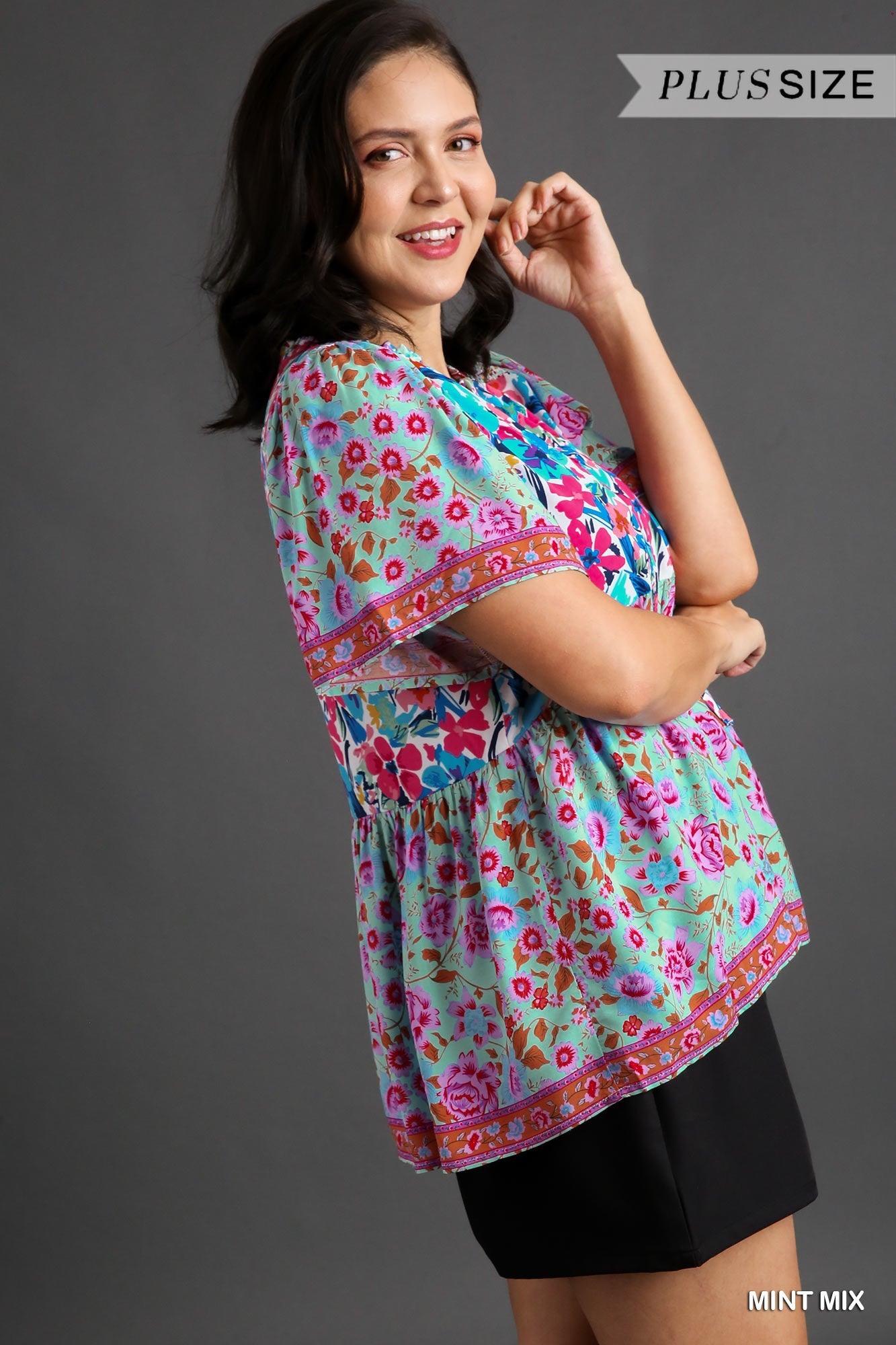 Mixed Print Smocked Shoulder Top with Drawstring Detail