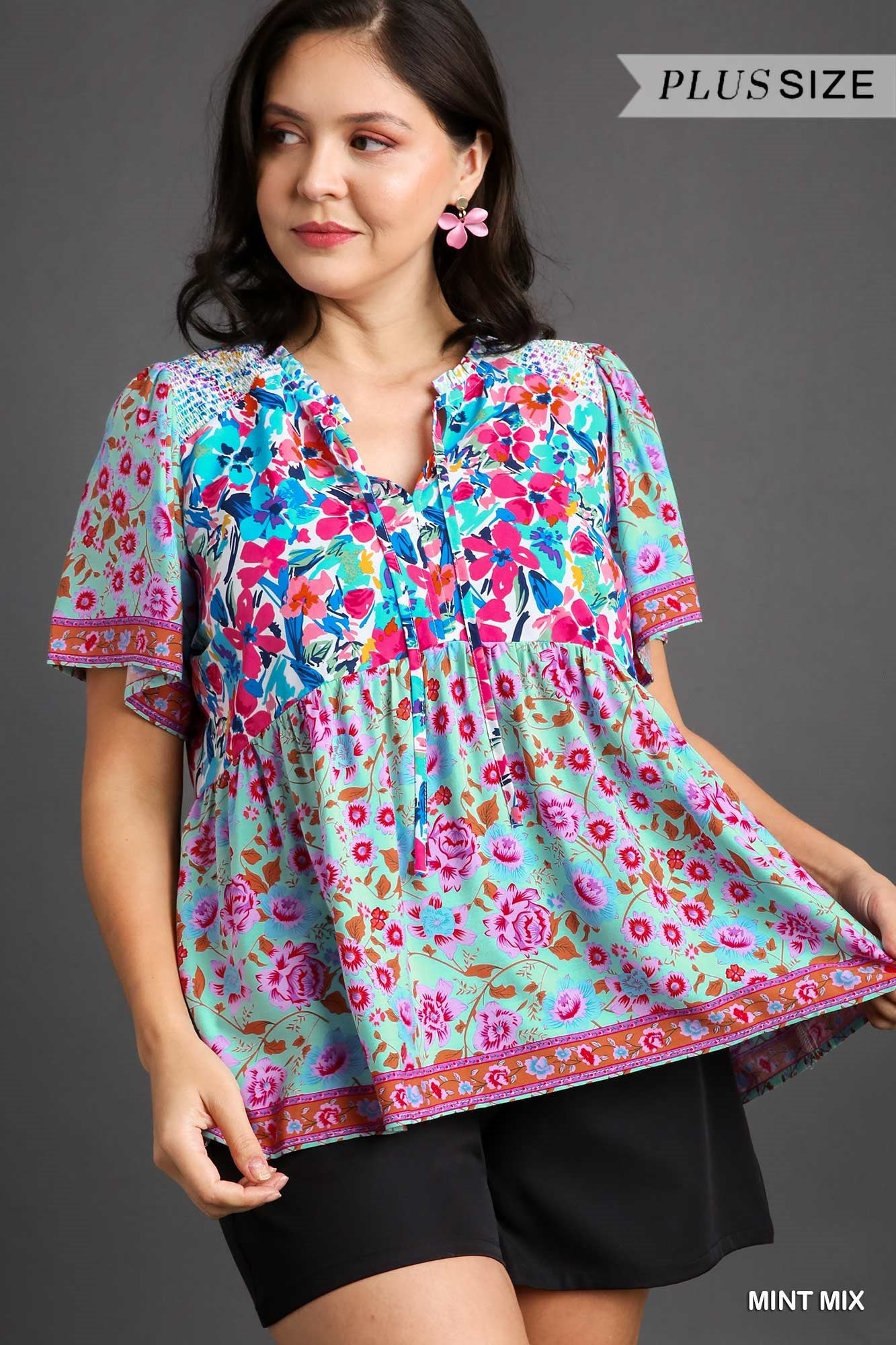 Mixed Print Smocked Shoulder Top with Drawstring Detail