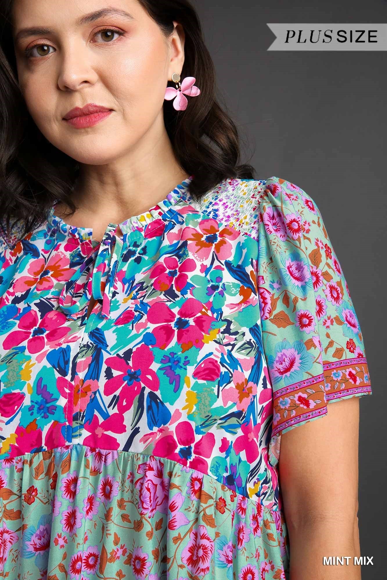 Mixed Print Smocked Shoulder Top with Drawstring Detail