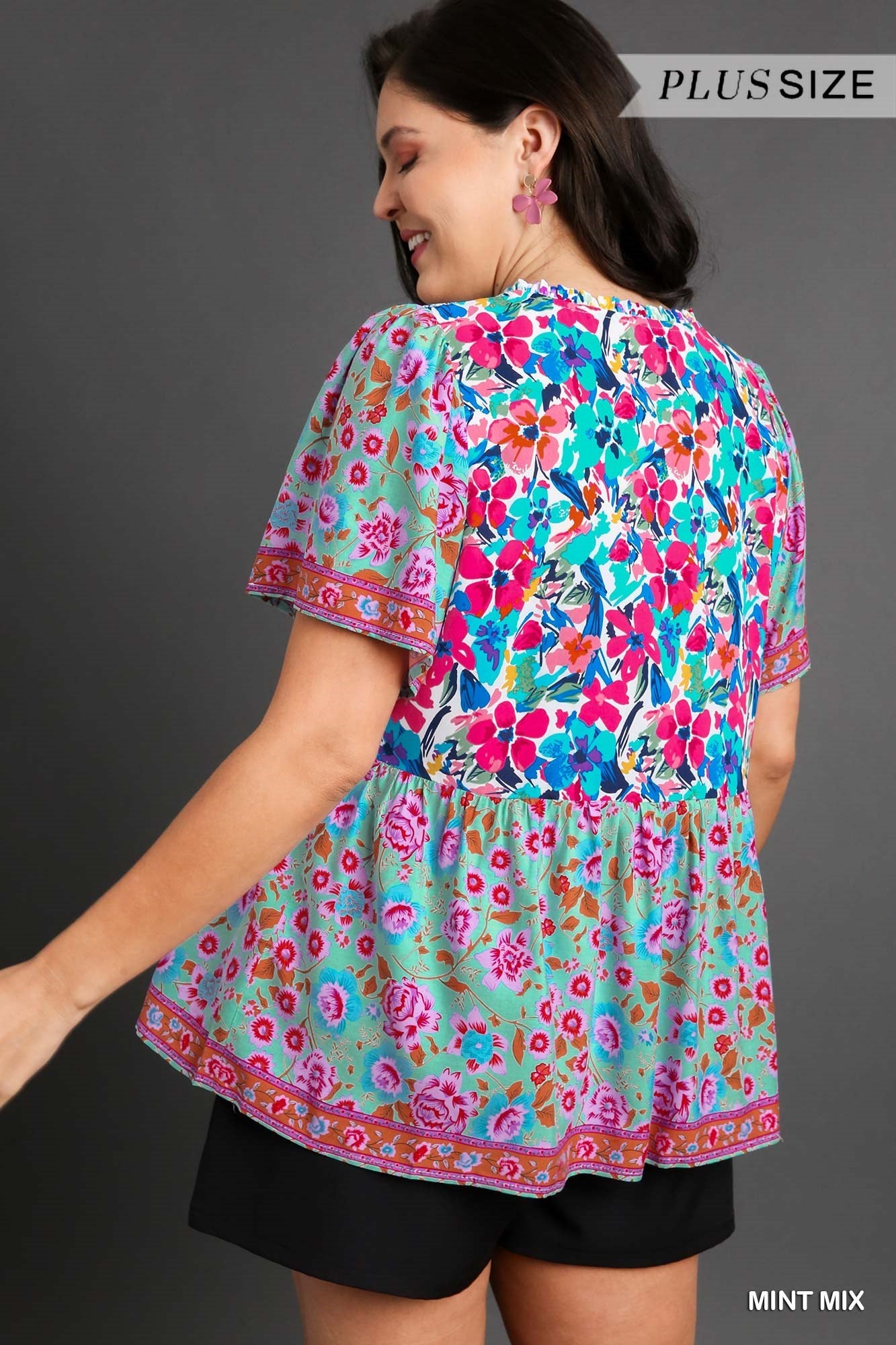 Mixed Print Smocked Shoulder Top with Drawstring Detail
