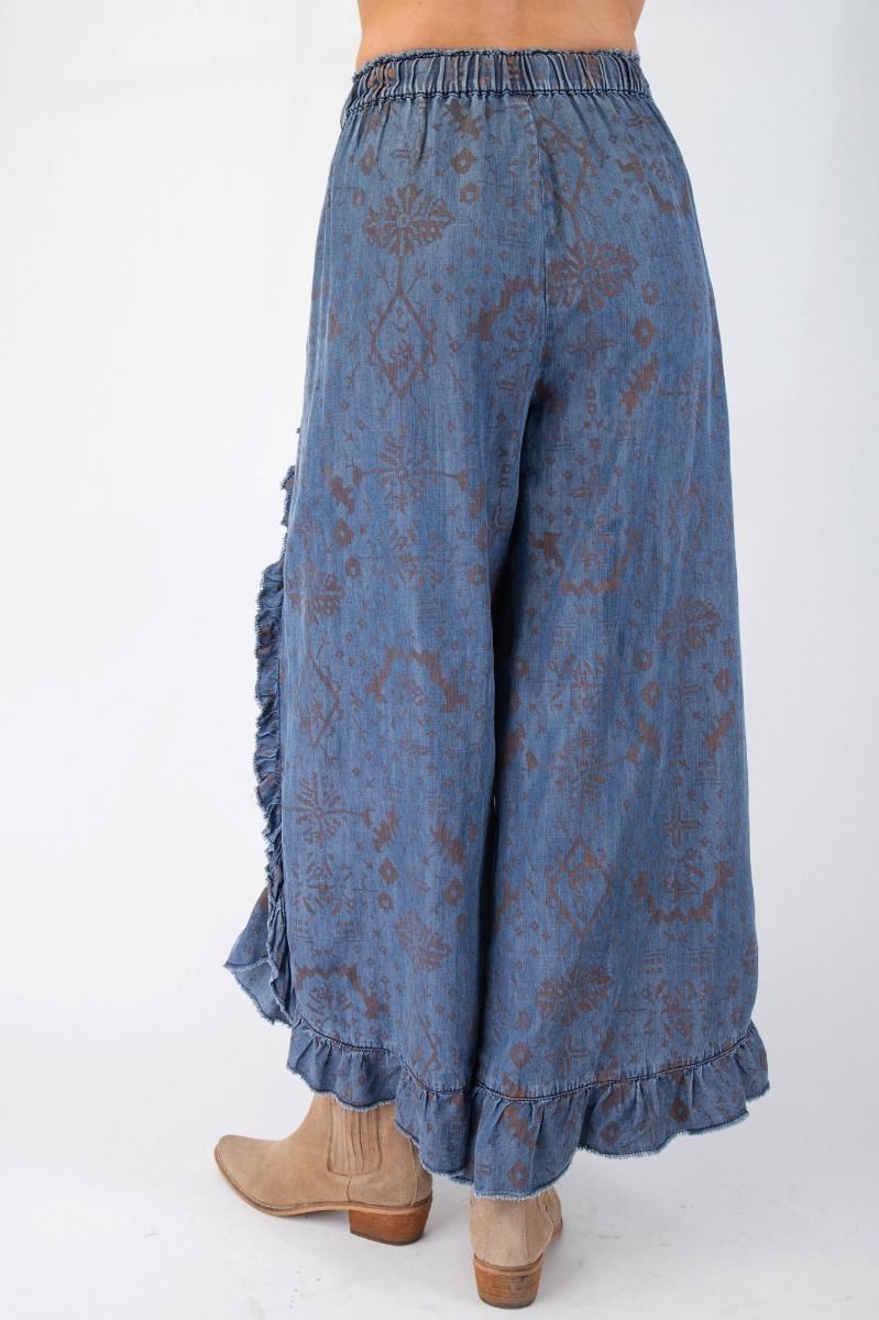 WASHED ETHNIC PRINT CHAMBRAY PANTS
