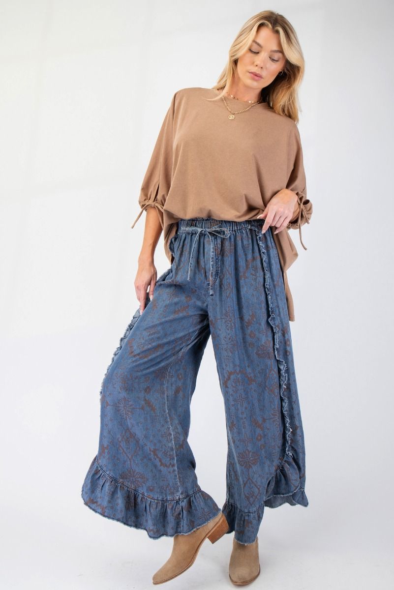 WASHED ETHNIC PRINT CHAMBRAY PANTS