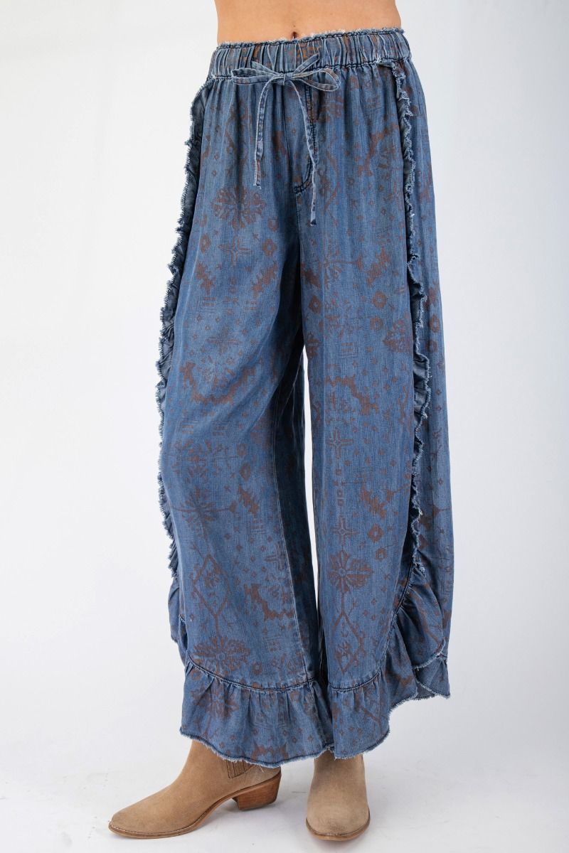 WASHED ETHNIC PRINT CHAMBRAY PANTS