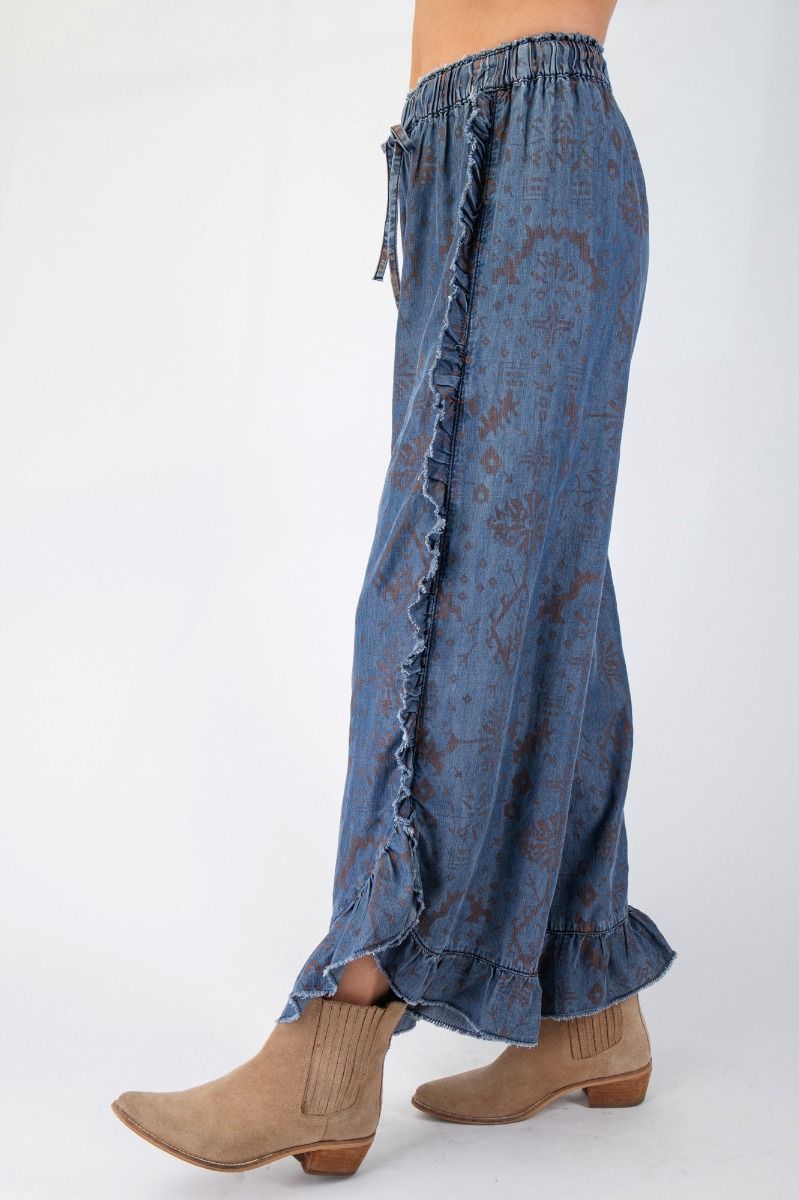 WASHED ETHNIC PRINT CHAMBRAY PANTS