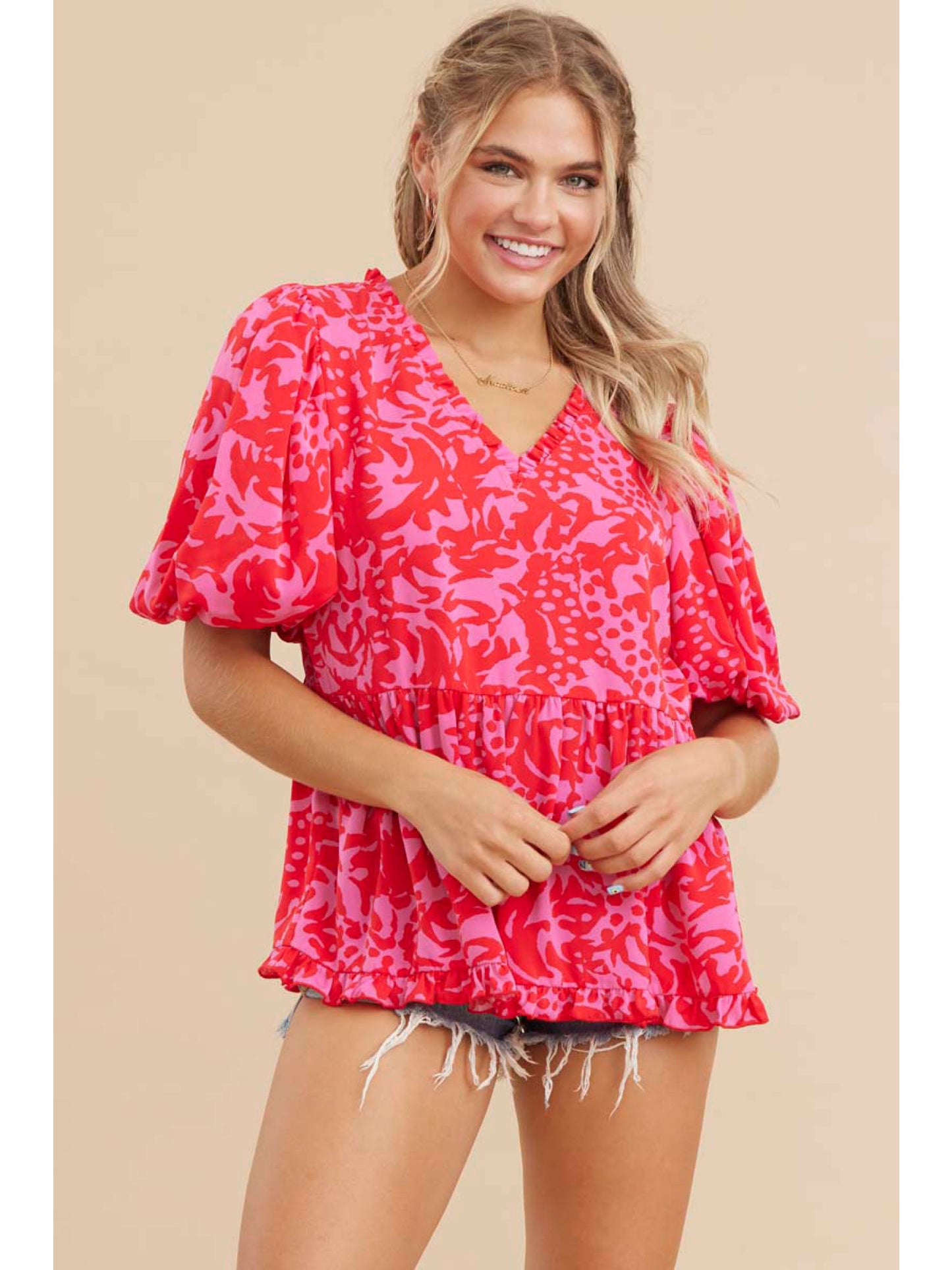 Pink Print Baby Doll Top