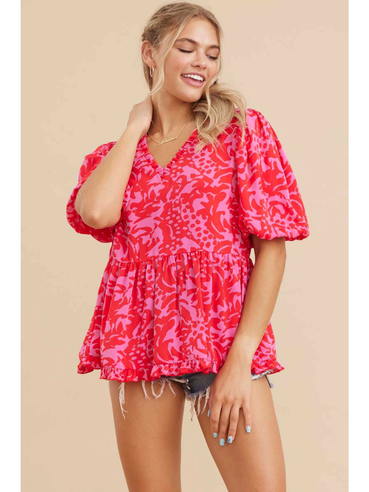 Pink Print Baby Doll Top