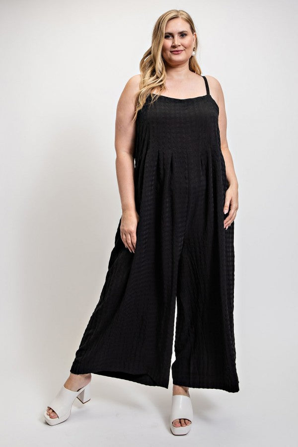 Texture Woven Sleeveless Jumpsuit w/Side Button