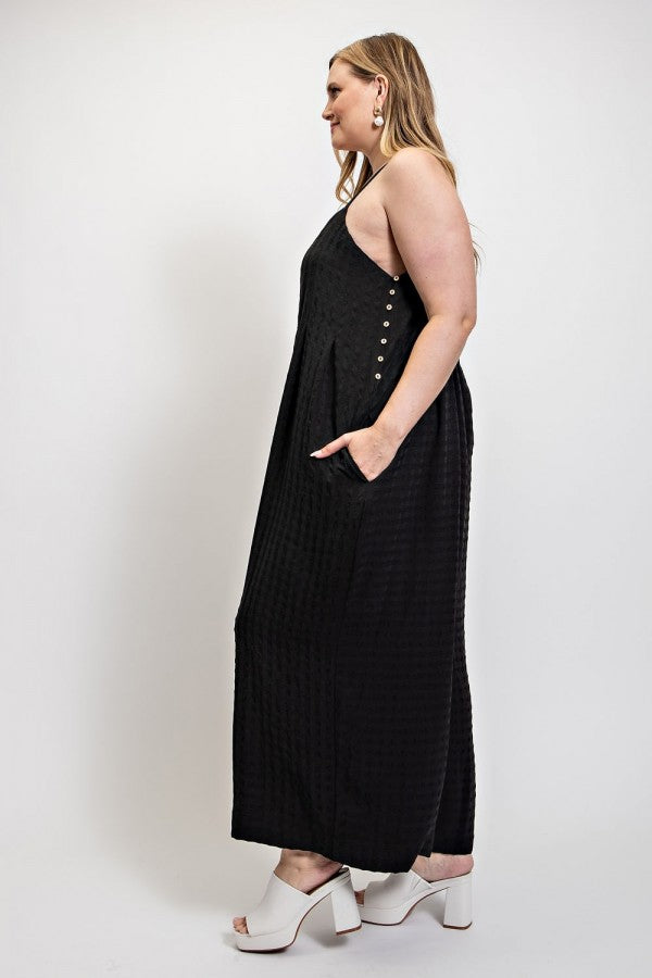 Texture Woven Sleeveless Jumpsuit w/Side Button