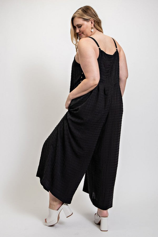 Texture Woven Sleeveless Jumpsuit w/Side Button