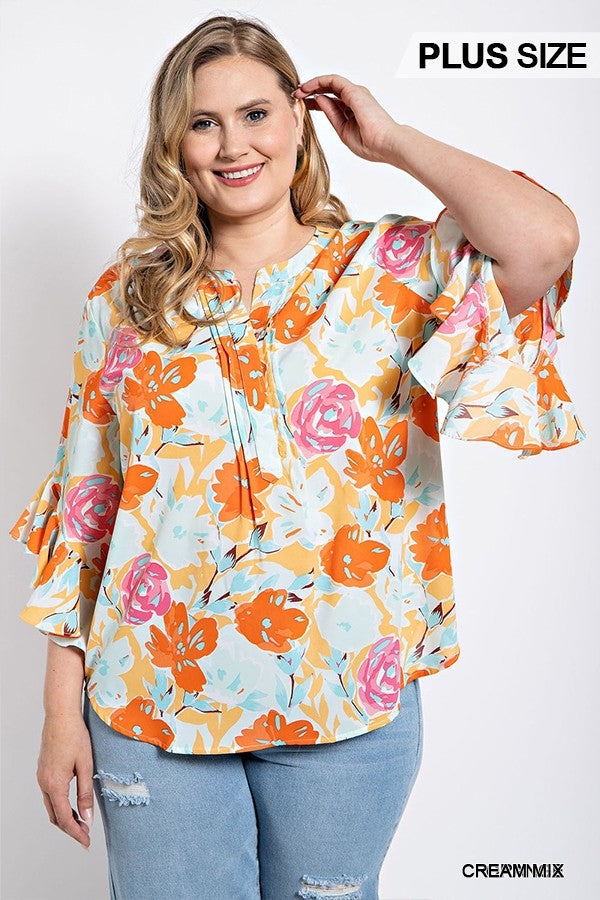Floral Print Ruffled Bell Sleeve Top