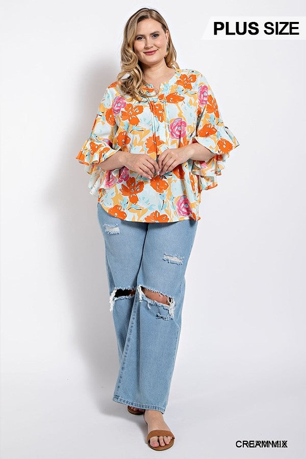 Floral Print Ruffled Bell Sleeve Top