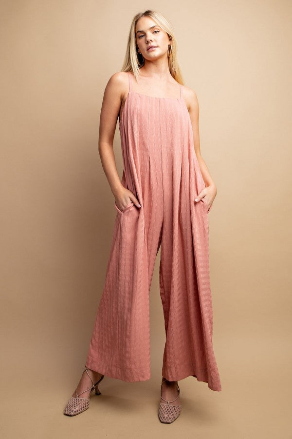 Texture Woven Sleeveless Jumpsuit w/Side Button
