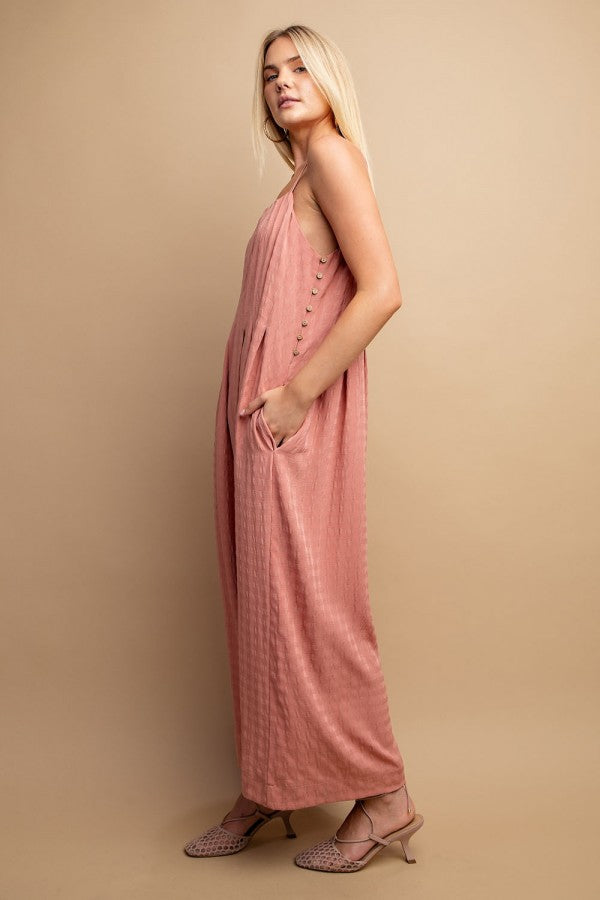 Texture Woven Sleeveless Jumpsuit w/Side Button