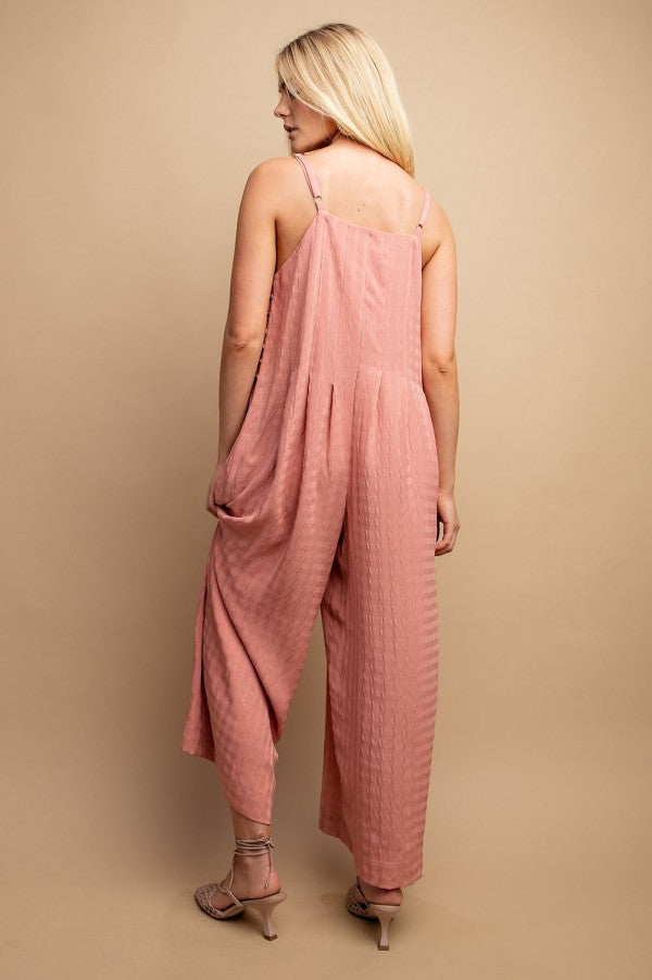 Texture Woven Sleeveless Jumpsuit w/Side Button