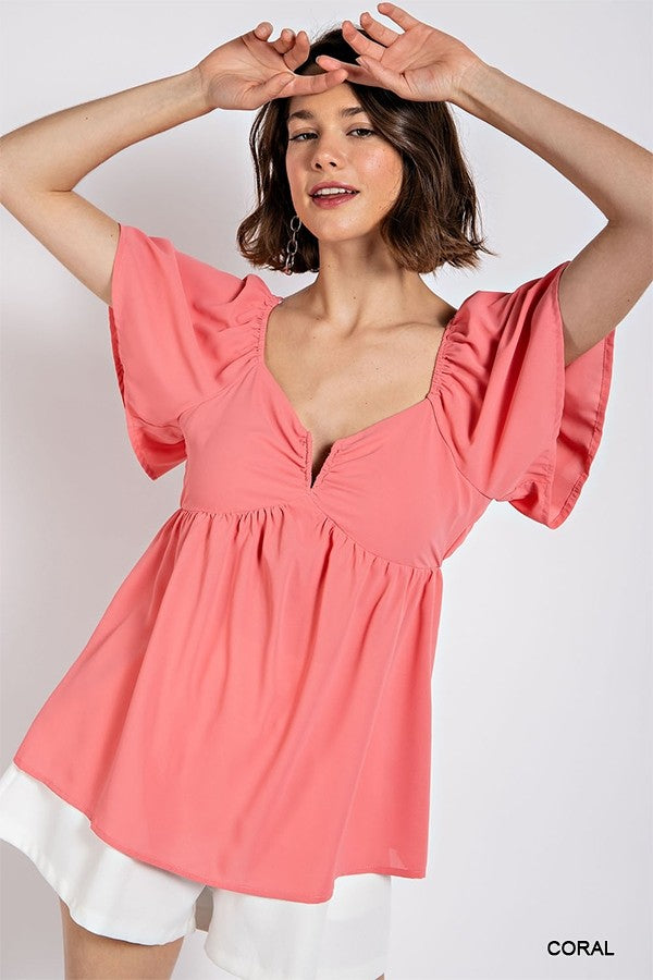 Solid V-Wire Short Sleeve Babydoll Top