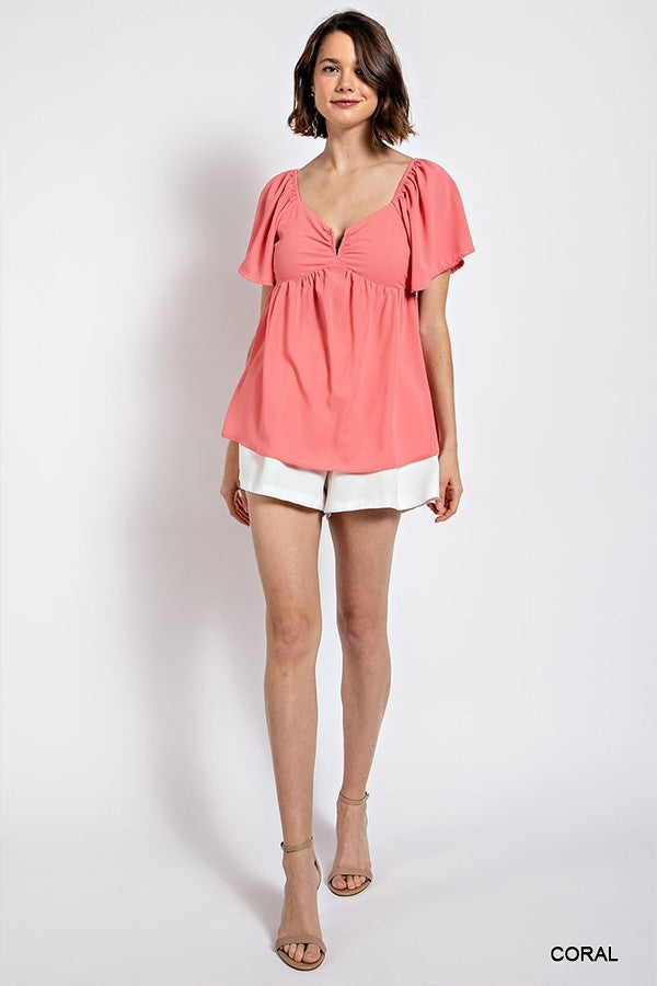 Solid V-Wire Short Sleeve Babydoll Top