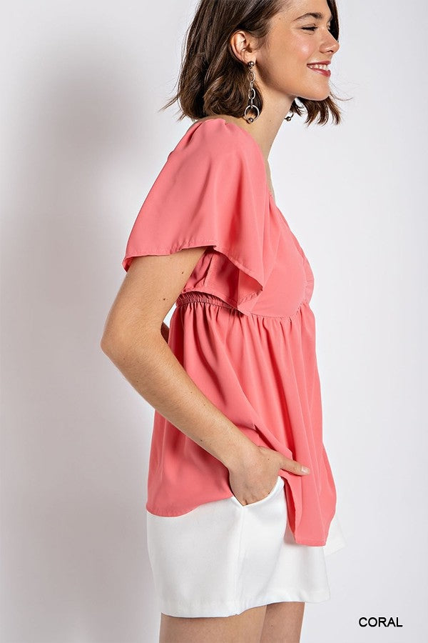 Solid V-Wire Short Sleeve Babydoll Top