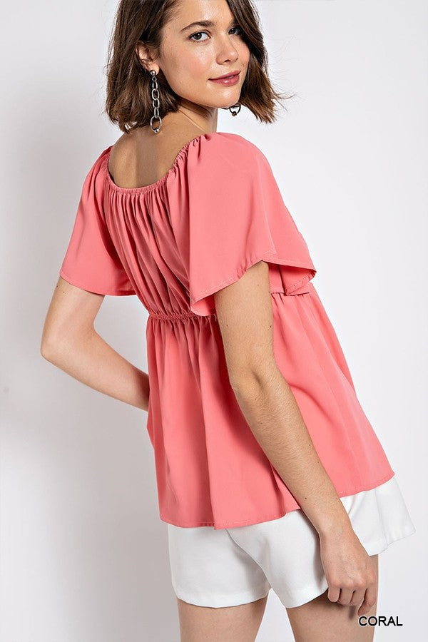 Solid V-Wire Short Sleeve Babydoll Top