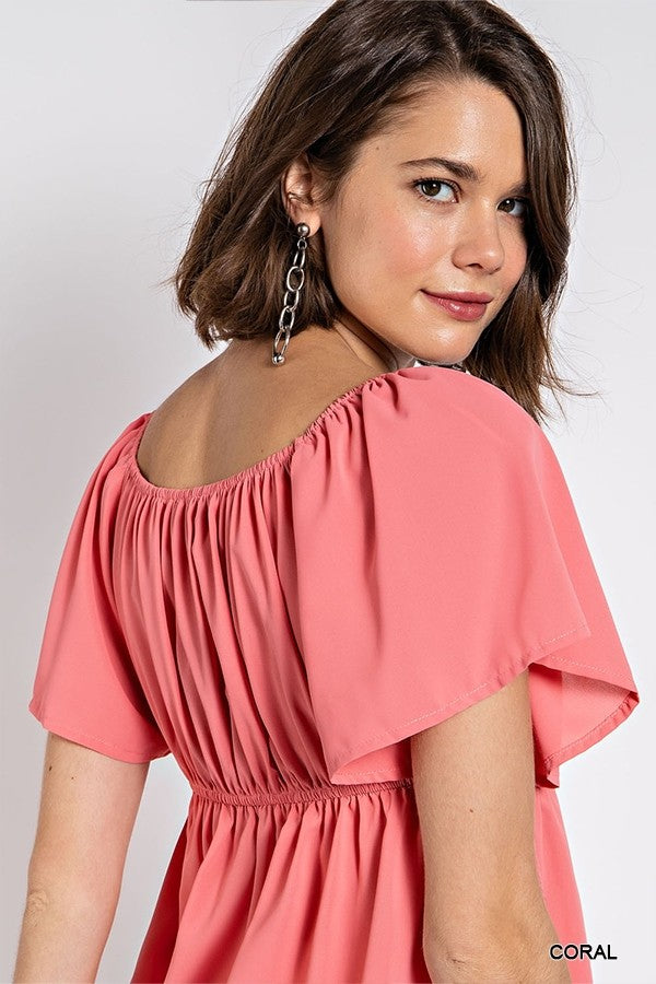 Solid V-Wire Short Sleeve Babydoll Top