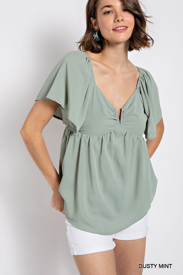 Solid V-Wire Short Sleeve Babydoll Top