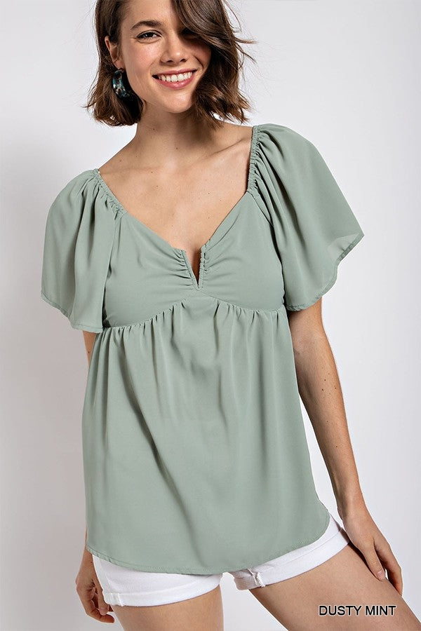 Solid V-Wire Short Sleeve Babydoll Top