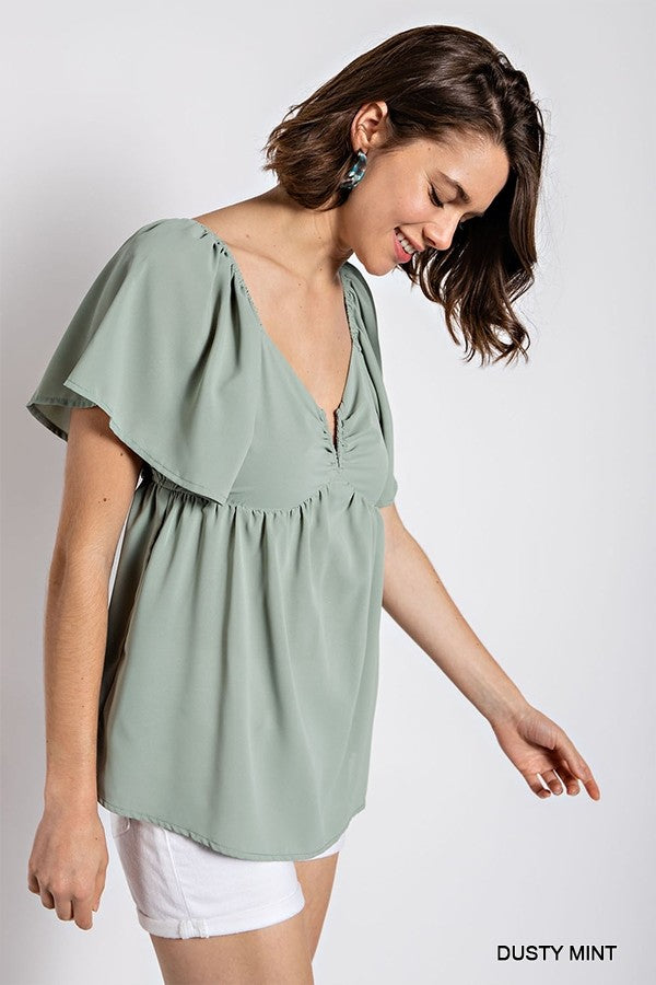 Solid V-Wire Short Sleeve Babydoll Top
