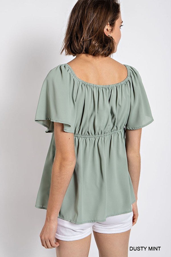 Solid V-Wire Short Sleeve Babydoll Top