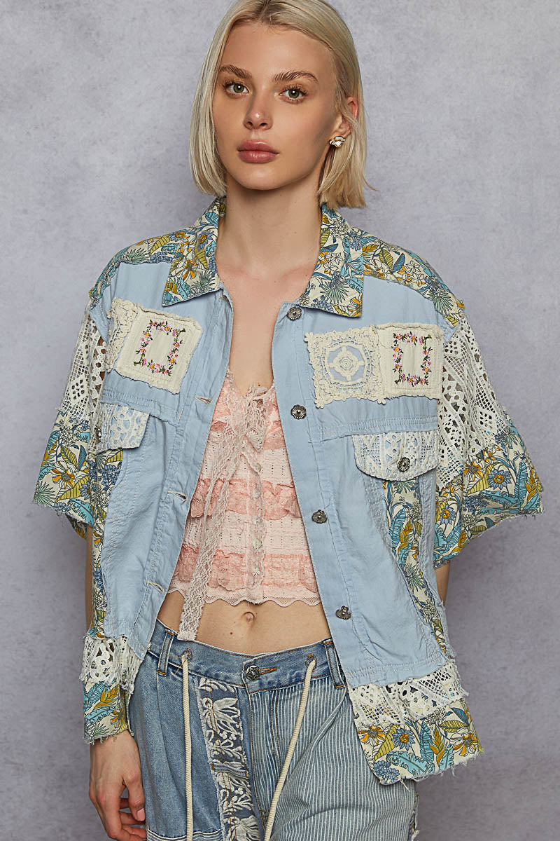 Denim Print Sleeve Top
