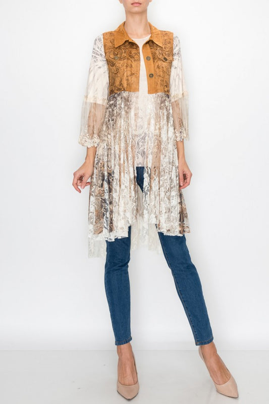 PRINTED FAUX SUEDE VEST WITH LACE LAYER