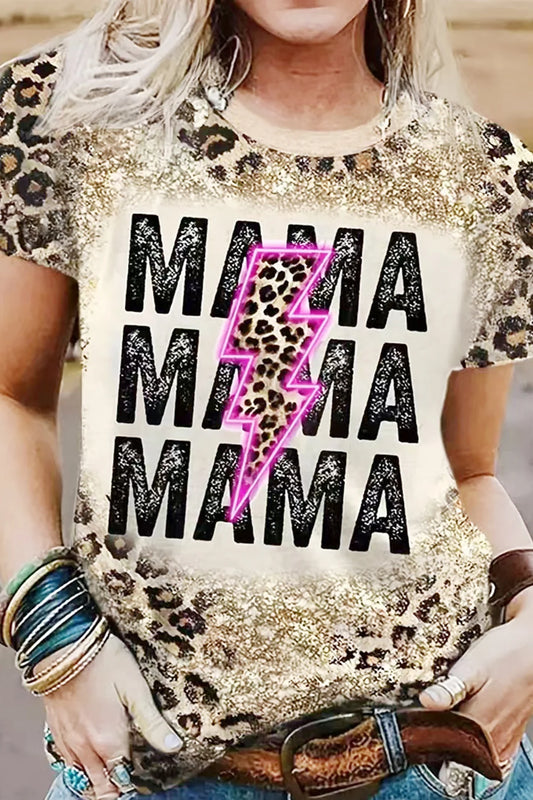 MAMA, Leopard Thunder Bolt, Crew Neck Short Sleeve Western Vintage Apparel Summer T-Shirts