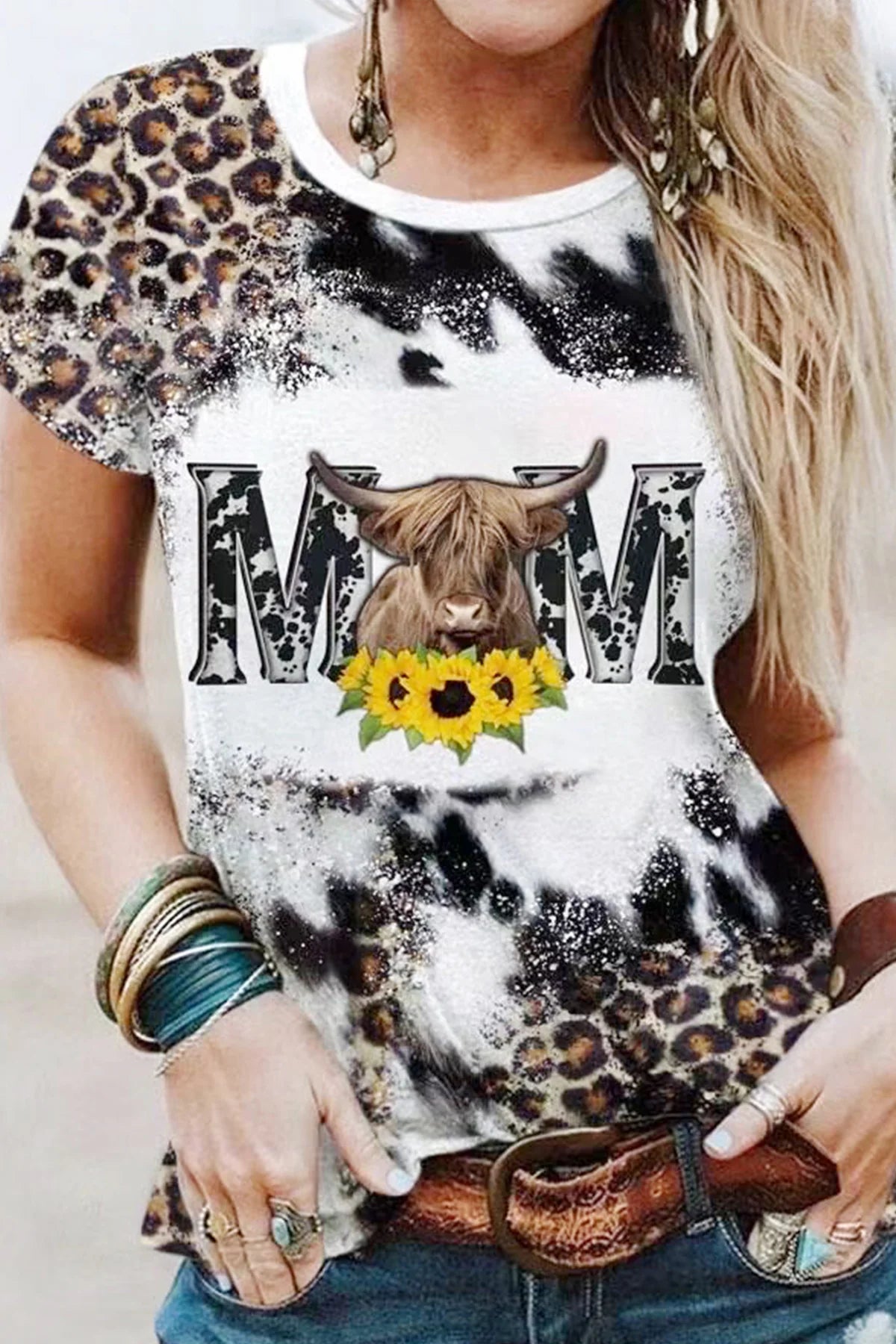 MOM, Floral Cow, Leopard Print, Crew Neck Short Sleeve Western Apparel Summer T-Shirts